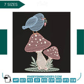 Charming blue bird on mushroom  – 7 Sizes - FineryEmbroidery